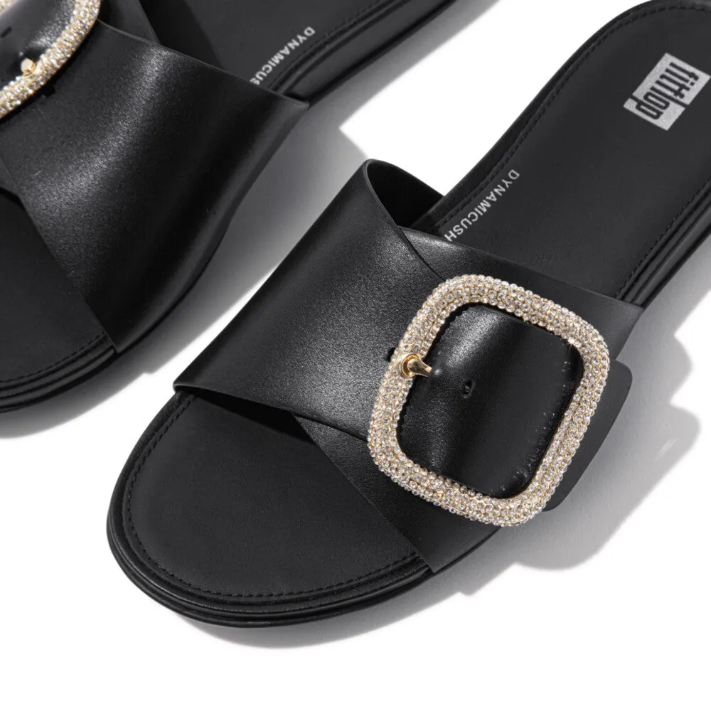 FITFLOP GRACIE CRYSTAL MAXI-BUCKLE LEATHER SLIDES