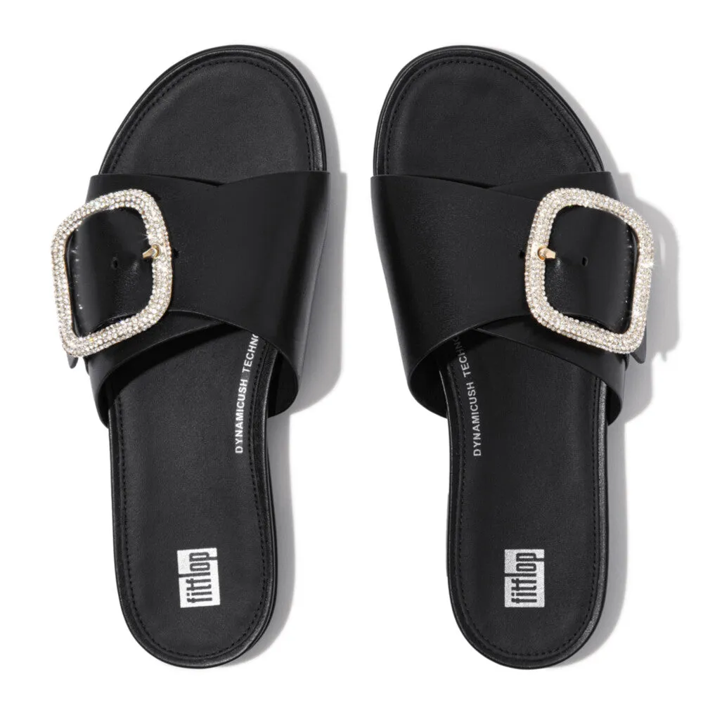 FITFLOP GRACIE CRYSTAL MAXI-BUCKLE LEATHER SLIDES