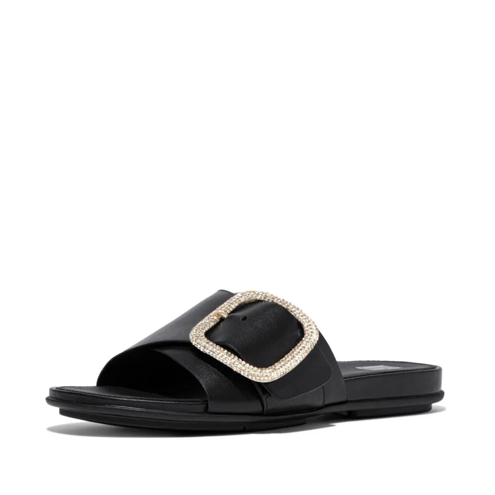 FITFLOP GRACIE CRYSTAL MAXI-BUCKLE LEATHER SLIDES