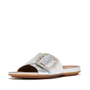 FITFLOP GRACIE CRYSTAL MAXI-BUCKLE METALLIC-LEATHER SLIDES