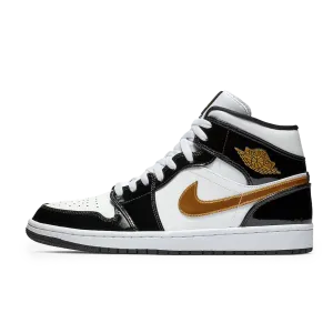 Jordan 1 Mid Patent Black White Gold
