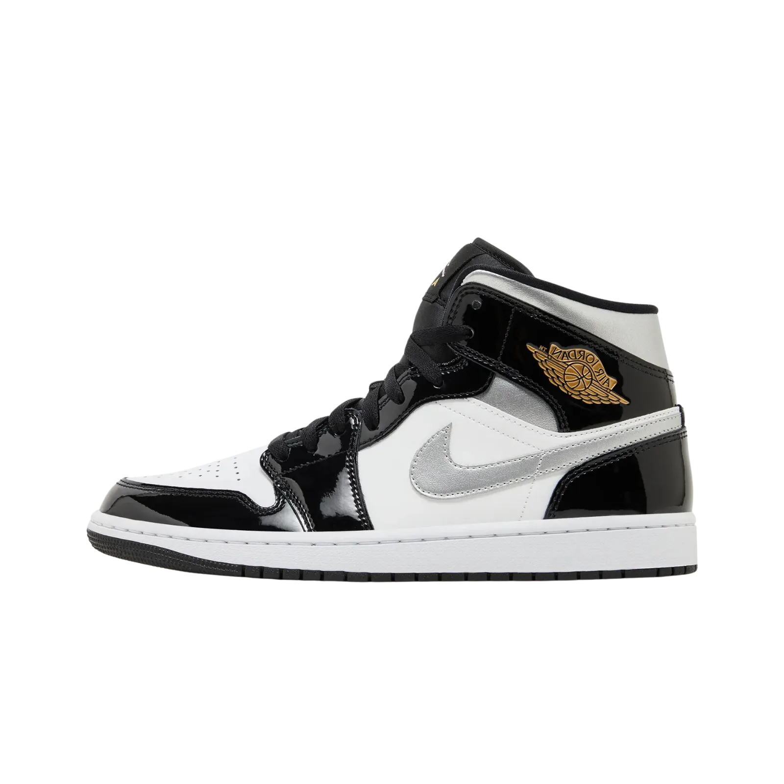 Jordan 1 Mid SE Patent Black White Metallic Silver Metallic Gold