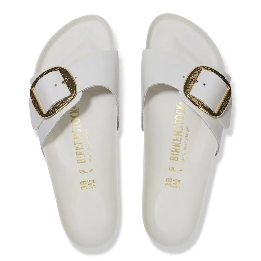 Madrid Hammered Big Buckle - Antique White High Shine Leather||Madrid grosse boucle martele - Cuir verni blanc antique